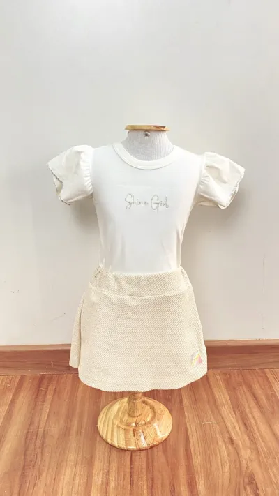 CONJUNTO FEMININO INFANTIL SEM MANGA+SHRT SAIA