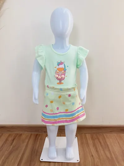CONJUNTO FEMININO INFANTIL SEM MANGA+SHRT SAIA