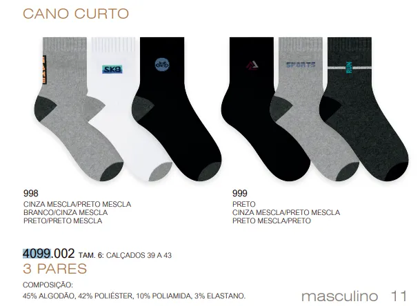 MEIA MASCULINO ADULTO CANO CURTO