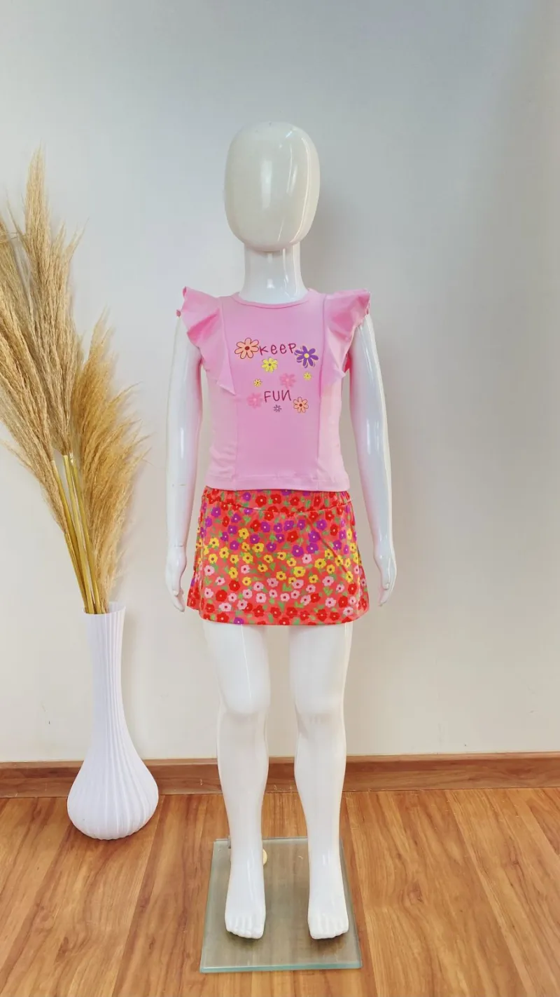 CONJUNTO FEMININO INFANTIL SEM MANGA+SHRT SAIA