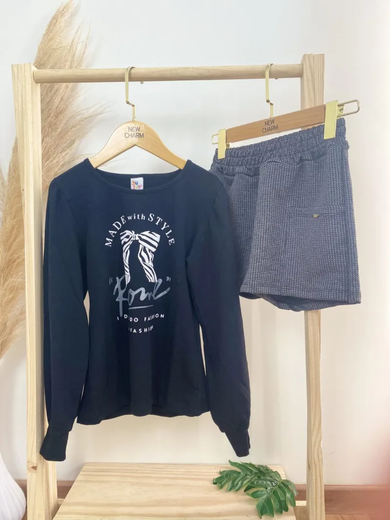 CONJUNTO FEMININO INFANTIL MANGA LONGA+SHORTS SAIA