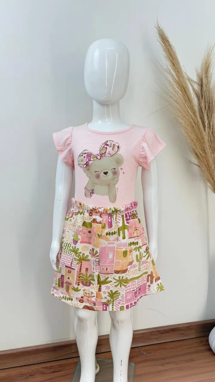 CONJUNTO FEMININO INFANTIL SEM MANGA+SHRT SAIA