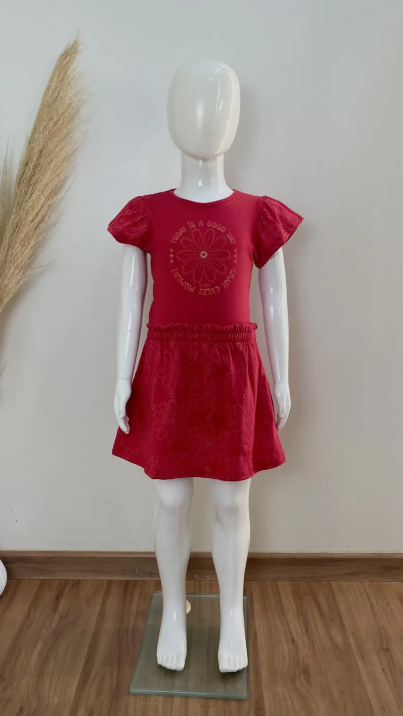 CONJUNTO FEMININO INFANTIL SEM MANGA+SHRT SAIA