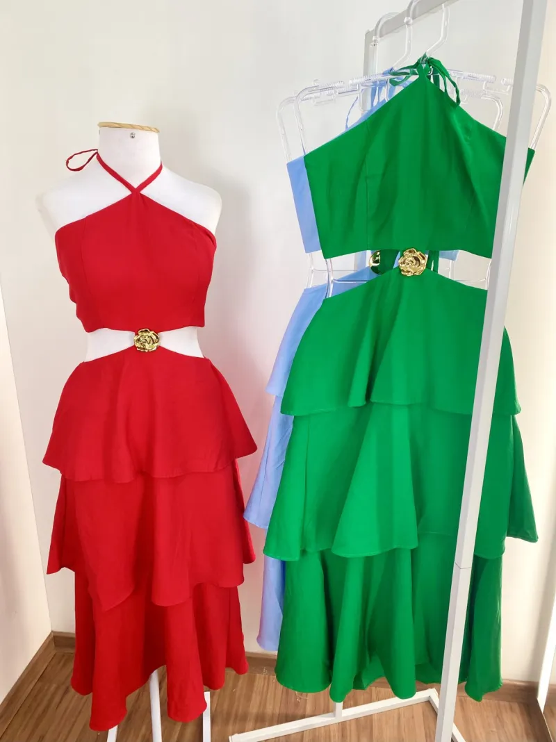 VESTIDO FEMININO ADULTO C/ALÇA MIDI