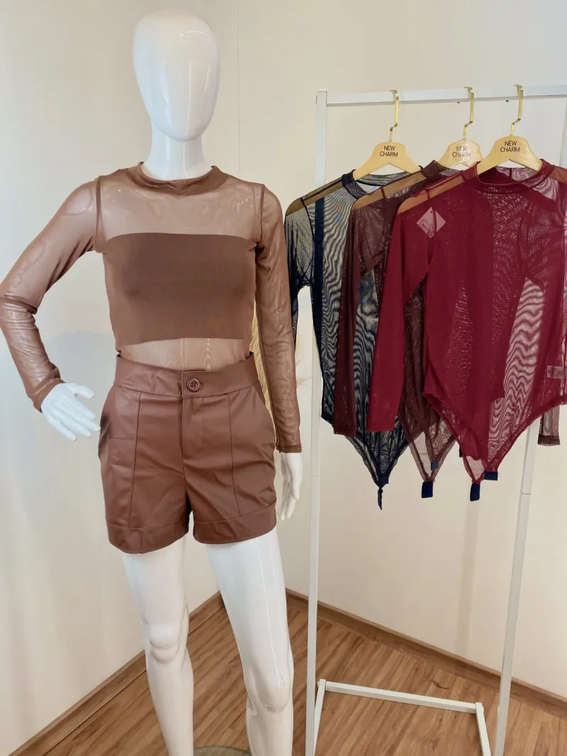 BODY FEMININO ADULTO MANGA LONGA TULE