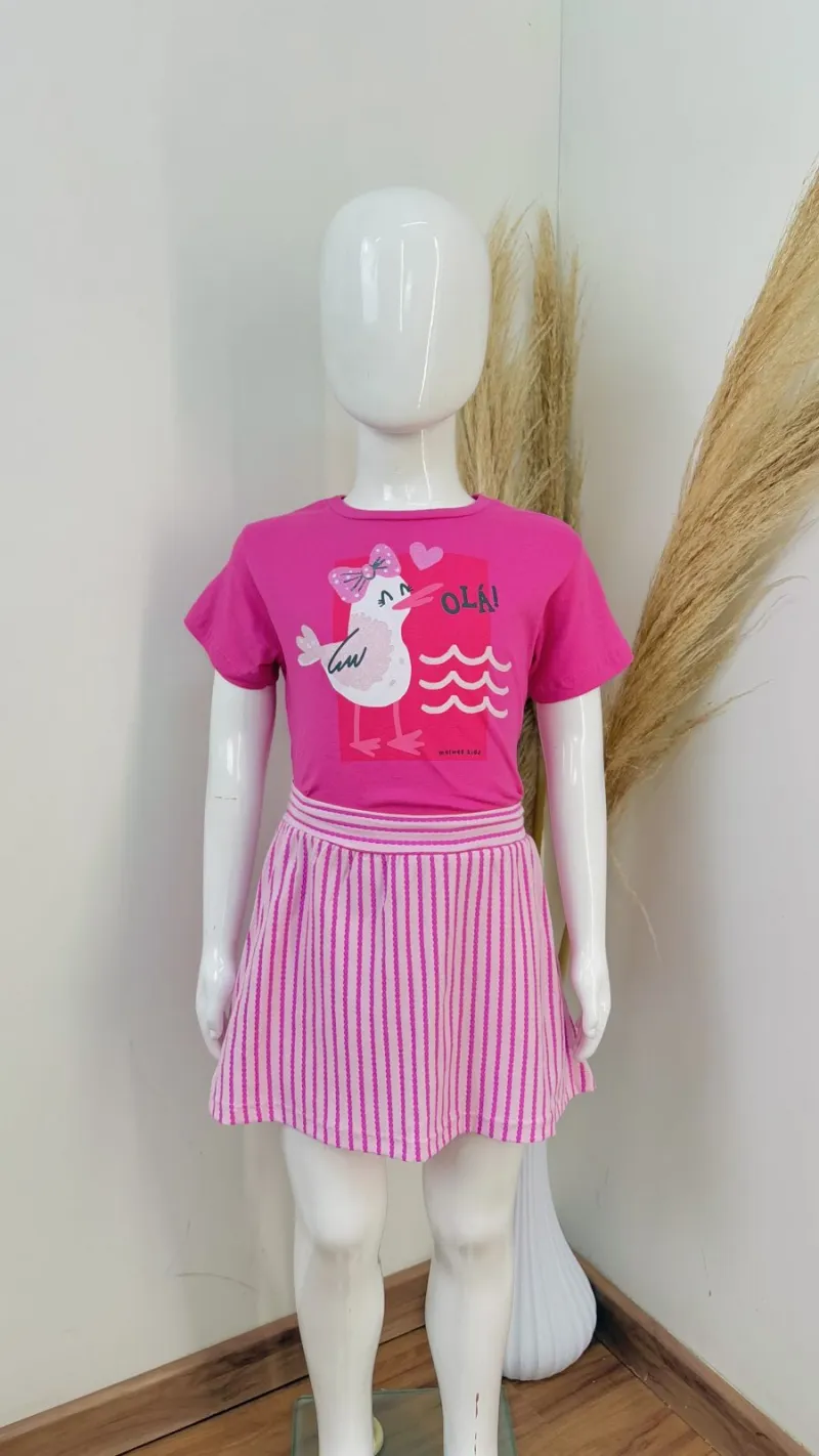 CONJUNTO FEMININO INFANTIL SEM MANGA+SHRT/SAIA