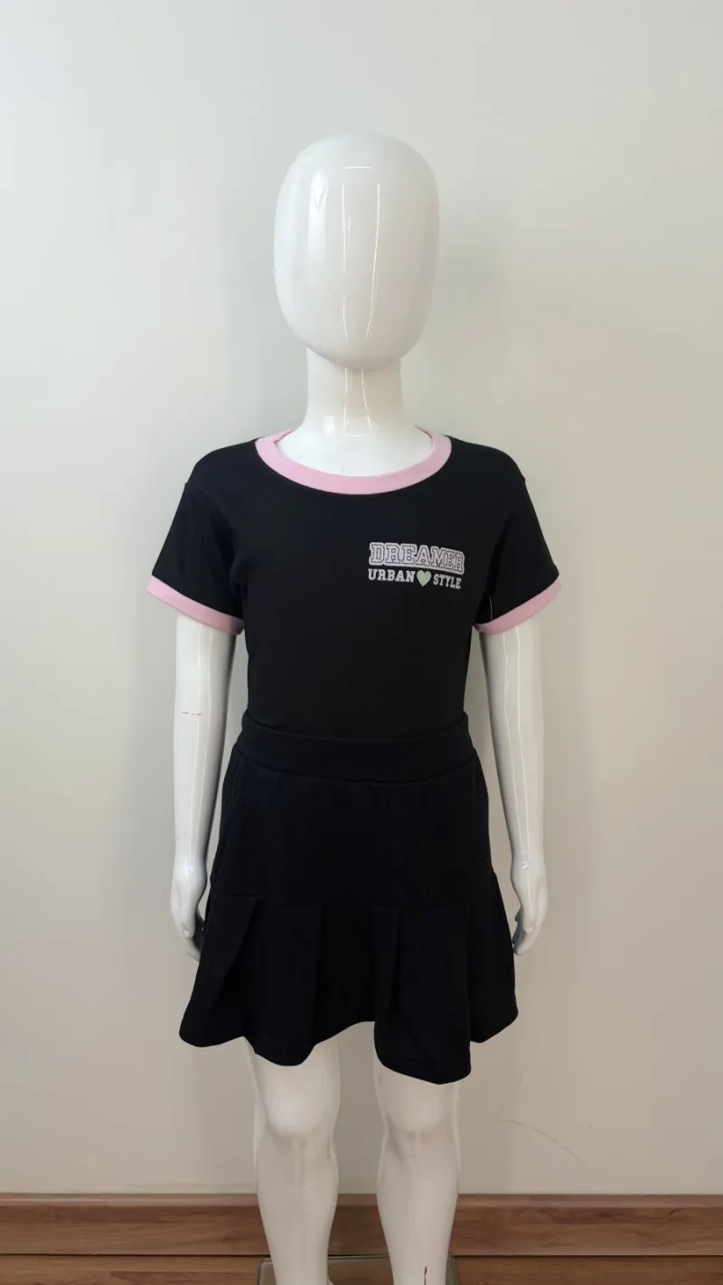 CONJUNTO FEMININO INFANTIL SEM MANGA+SHRT SAIA