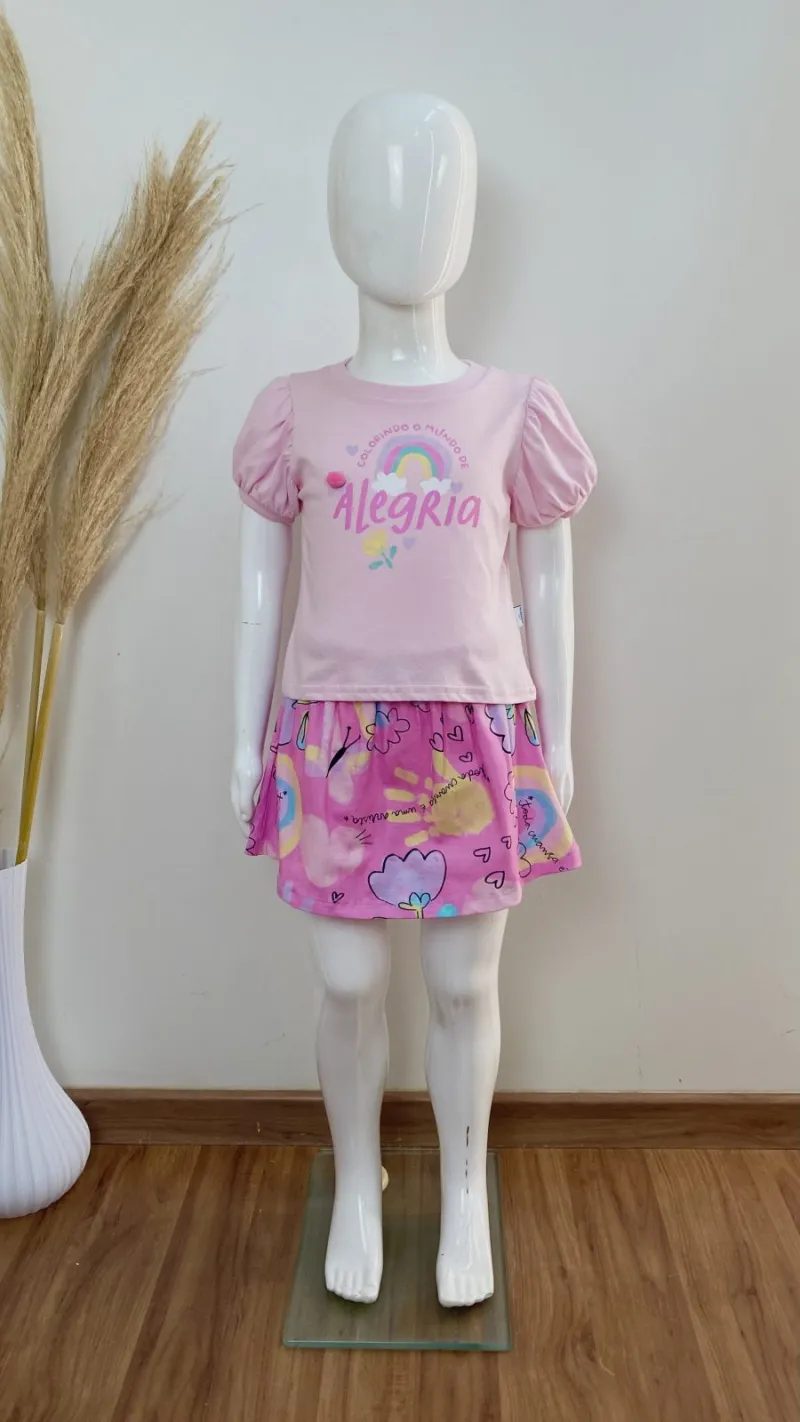 CONJUNTO FEMININO INFANTIL SEM MANGA+SHRT SAIA