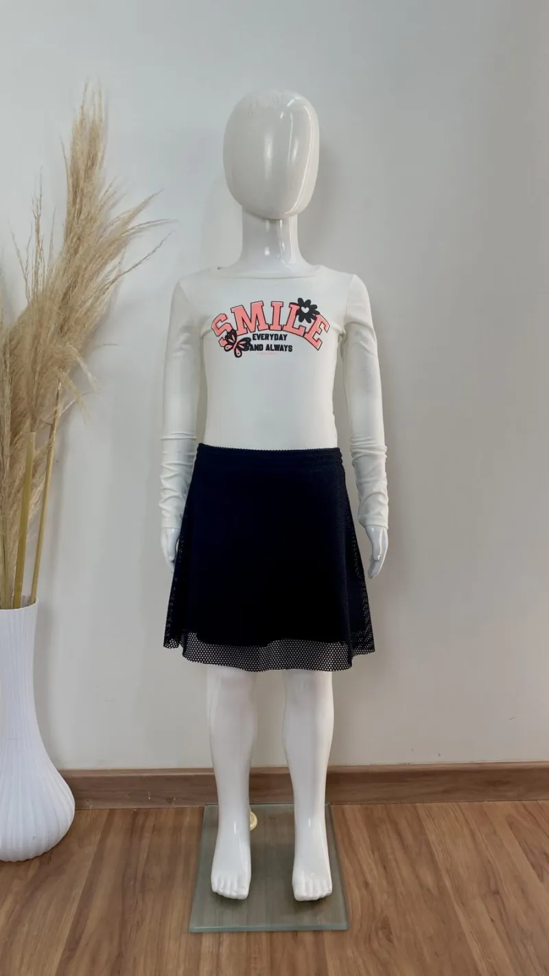 CONJUNTO FEMININO INFANTIL MANGA LONGA+SHORTS/SAIA