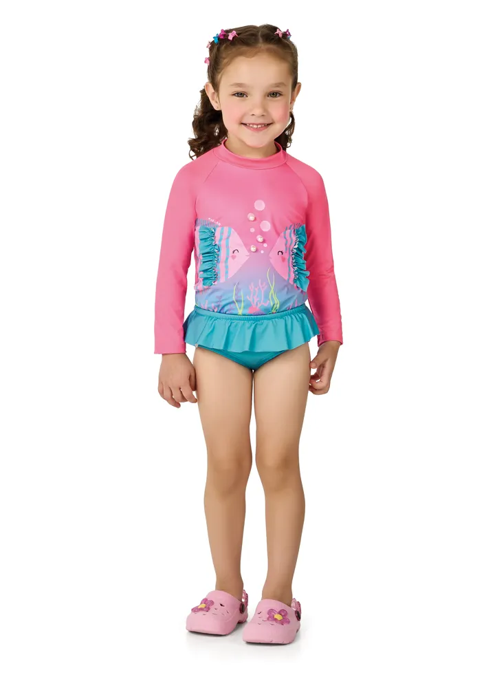 CONJUNTO FEMININO INFANTIL MANGA LONGA+CALÇA PROTEÇÃO UV