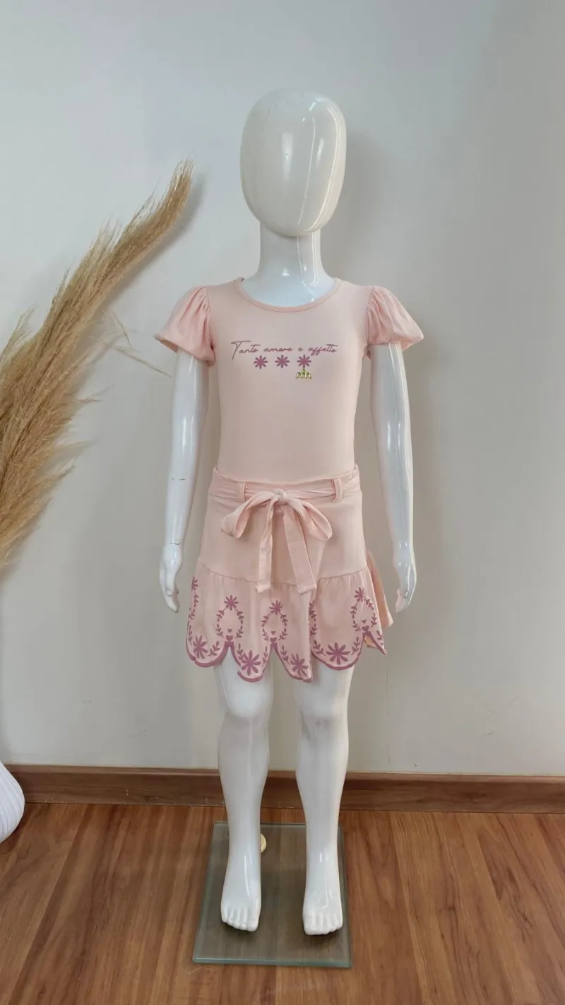CONJUNTO FEMININO INFANTIL SEM MANGA+SHRT SAIA